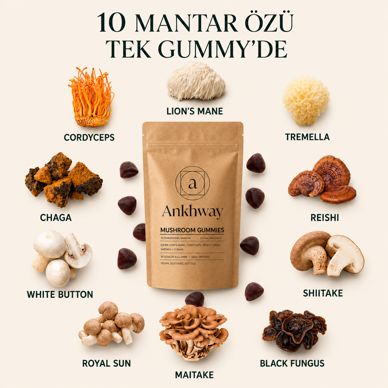 10 Mantar Kompleksi — Günlük Odak & Enerji Gummy'si